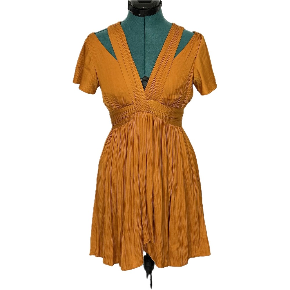 Anthropologie Deep‎ V-Neck Vibrant Mini Dress Size 0 XS Pleated Burnt Orange NWT